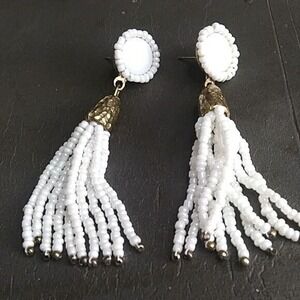 White beaded fringe earrings‎